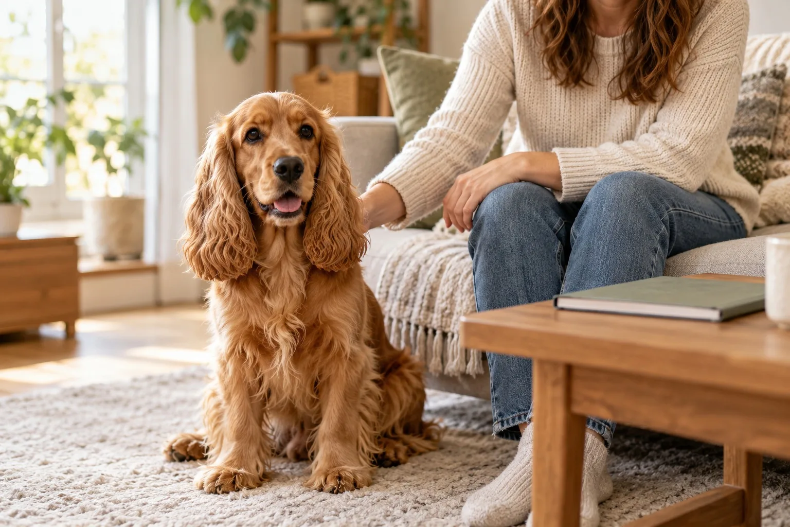 Long-eared dog sitting close to an owner at home